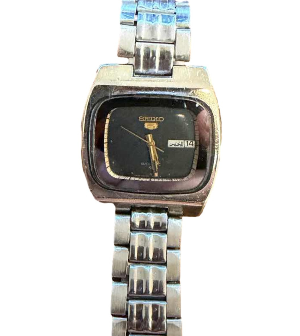 Seiko 5 Automatic Watch TV Case Black Dial Day Date Arabic Japan Mens